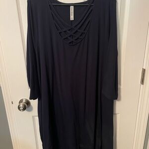 Navy Blue 3X Crisscross Neckline Dress with pockets
